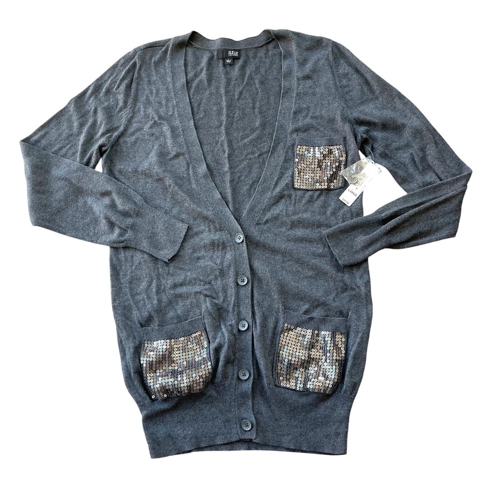 ana A New Approach Womens Charcoal Grey Sequin Pocket Cardigan Sweater Large NWT